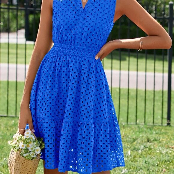 Women's Summer Dresses 2025 Sleeveless V Neck Eyelet Hollow Out Swing A Line Bea - Picture 8 of 8